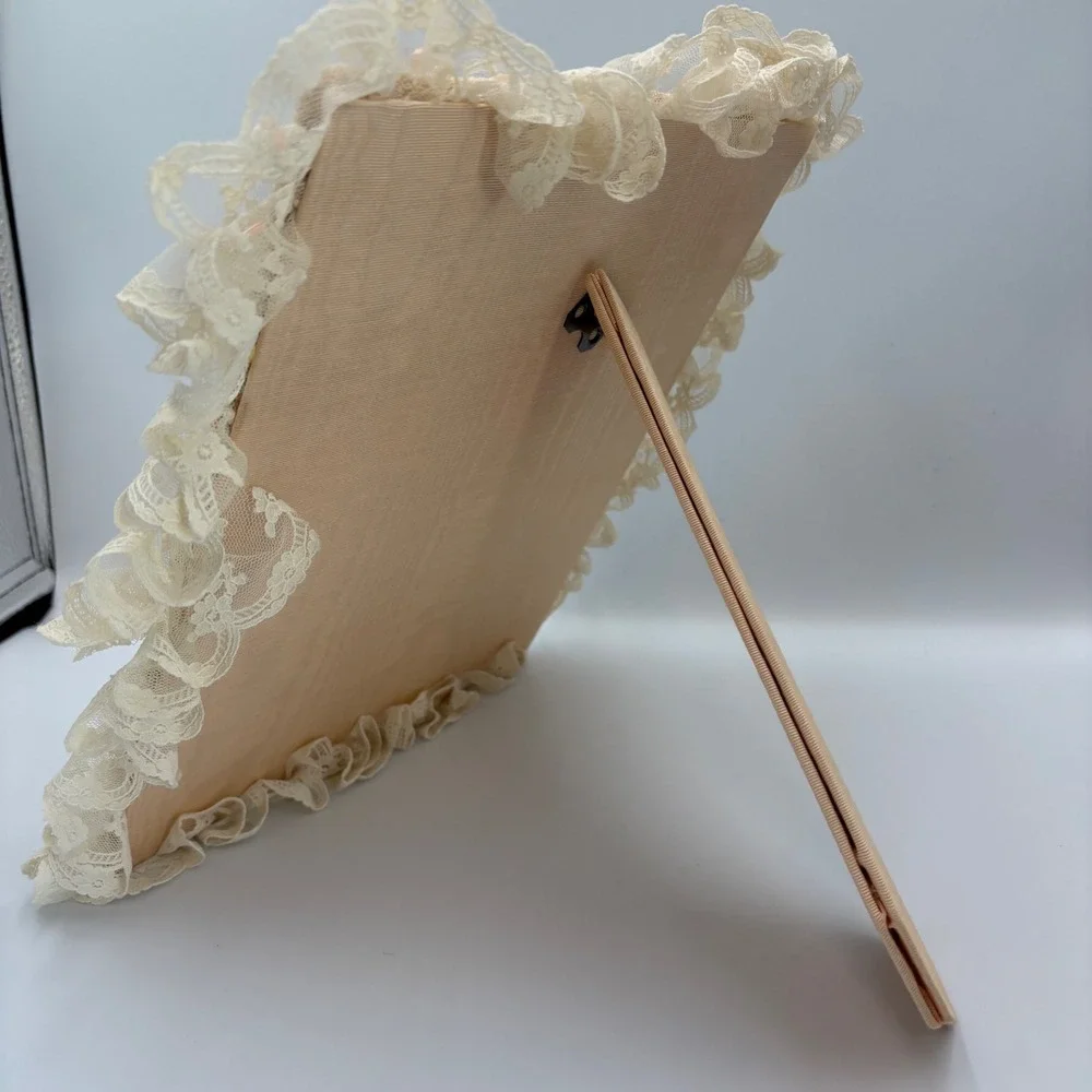 Vintage 80s Shabby Chic Peach Moire Silk Lace Ruffle Tabletop Frame Mirror